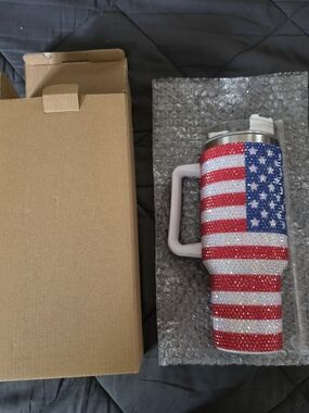 Patriotic Rhinestone Tumbler with Handle - Red, White & Blue